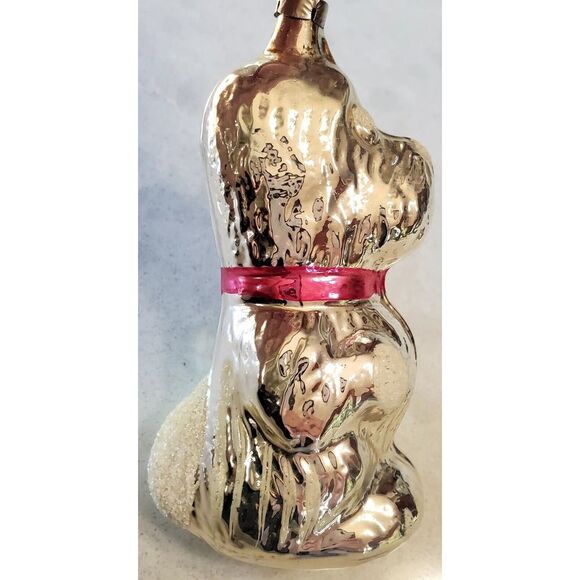 VTG Ornament German or Russian Silver Glass Dog w/ Pink Bow Snow Tufts Textured - Picture 8 of 12
